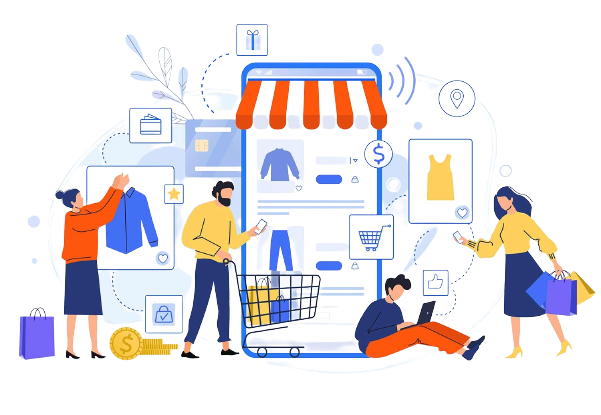 Buyers using e-commerce apps to purchase online_illustration_SBC